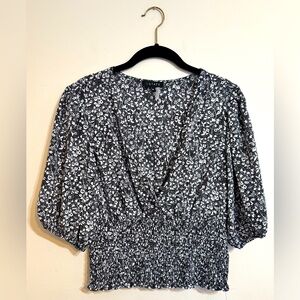 1 State| Floral Black and White Women's Smocked Crop V Neck Top | Size Medium